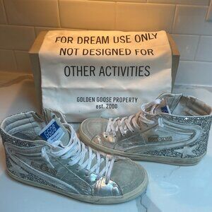Golden Goose "Women's Slide with Laminated Leather Upper and Silver Glitter"- 40